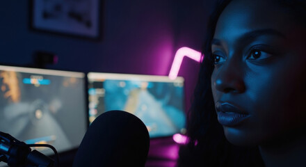 Focused young gamer live streaming intense match at night, illuminated by neon lights, broadcasting gameplay to online audience in modern gaming setup