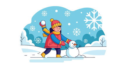 Happy girl building a snowman and playing in the snow during a winter snowfall.