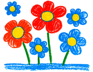 Funky Crayon Doodle Flowers in Bright Colors, isolated on transparent background.