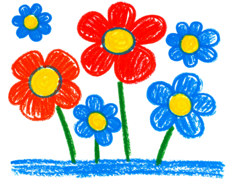 Funky Crayon Doodle Flowers in Bright Colors, isolated on transparent background.