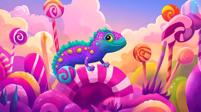 Colorful chameleon in a candy land