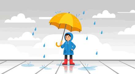 A child in a blue raincoat stands under a yellow umbrella during a gentle rain shower.