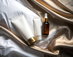 Elegant blank cosmetic mockups a cream tube and serum dropper bottle on luxurious silky bedding, perfect for showcasing a sophisticated beauty and nighttime self-care routine.