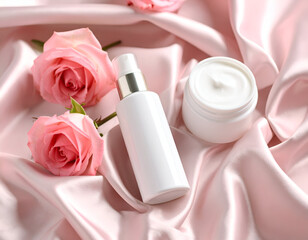 Elegant skincare product mockup with a blank white dispenser bottle and cream jar, beautifully arranged with fresh pink roses on delicate silk fabric