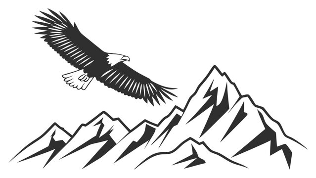 Black and white illustration of eagle flying over mountain peaks.