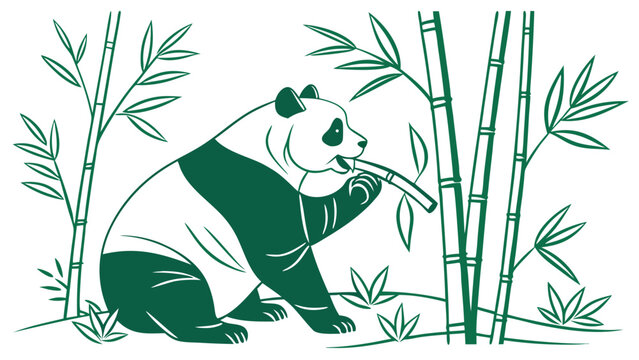 Giant panda eating bamboo in forest.