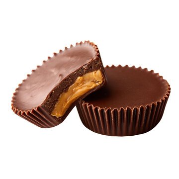 Reese&rsquo;s peanut butter cups with one cut open white background,