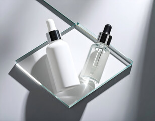 Minimalist mockup of two cosmetic dropper bottles, a white serum and a clear oil, arranged on a glass plate with artistic shadows