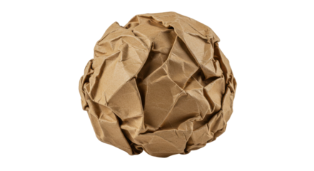 Crumpled brown paper ball with texture attractively displayed isolated on clean white background