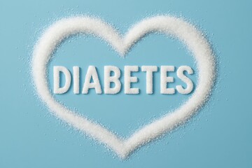 Conceptual sugar still life depicting the word diabetes in a heart on a light blue backdrop.