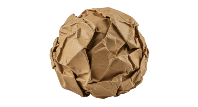 Crumpled brown paper ball with texture attractively displayed isolated on clean white background