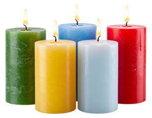 Group of Multi-Colored Candles with Soft Flames, isolated on transparent background.