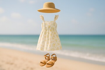 Summer Beach Outfit with Dress Hat and Sandals on Sandy Shore