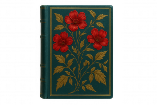 Vintage teal book closed, adorned with red floral pattern and golden leaf embellishments, resting against transparent backdrop