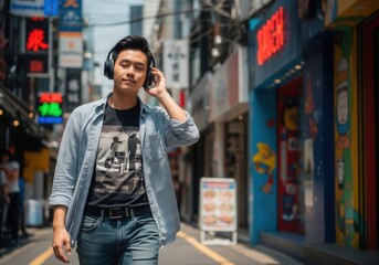 Fototapeta premium A young man with headphones on walks down a busy city street, enjoying a peaceful moment while listening to music.
