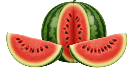 Freshly sliced watermelon showcasing vibrant red flesh and seeds isolated on white background