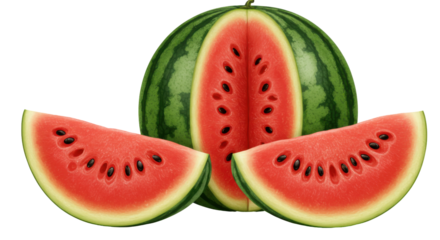 Freshly sliced watermelon showcasing vibrant red flesh and seeds isolated on white background