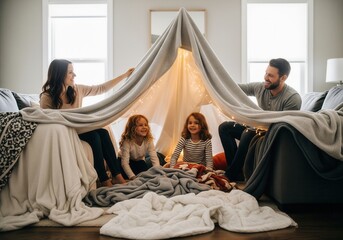 A mother, father, and their two little girls are playing in a homemade fort made of blankets and furniture in a living room.