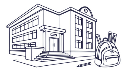 School Building and Backpack Line Art Illustration. Educational institution outline drawing with student bag and pencils, symbolizing learning and ...