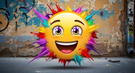 A happy emoji with colorful paint splatters against a graffiti covered wall in an urban setting