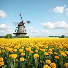 Naklejka premium Windmill in Flower Field in holland