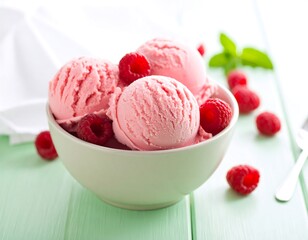 Raspberry Ice Cream Scoops in Bowl on Table