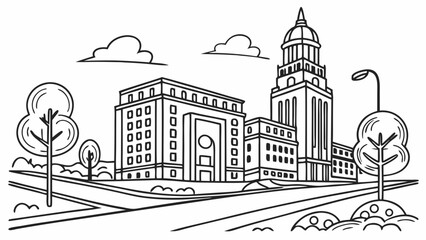 Urban cityscape line art with classic tower and modern buildings, street scene illustration
