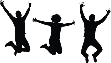 Silhouette of three people jumping with raised hands, energetic pose, isolated on white background, concept of joy and freedom