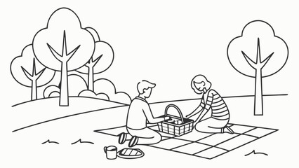 Line art illustration of a couple having a picnic in a park. Outdoor leisure activity, black and white drawing.