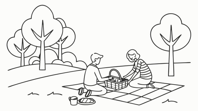 Line art illustration of a couple having a picnic in a park. Outdoor leisure activity, black and white drawing. - Powered by Adobe
