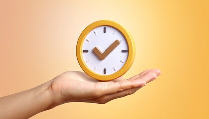 3D clock icon and check mark floating above a hand