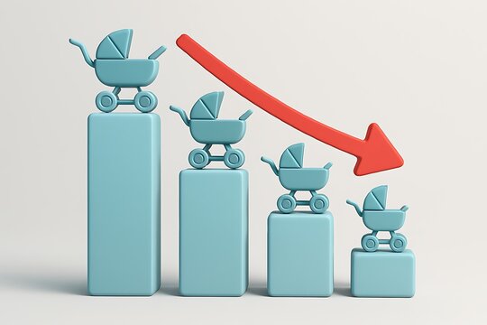 A light teal-colored baby carriages aligned in falling chart with red arrow pointing down.