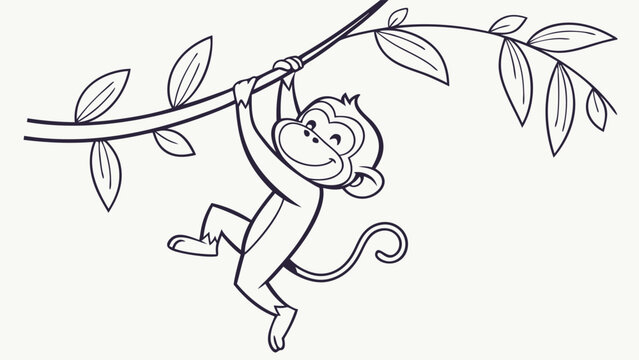 Cheerful cartoon monkey swinging from a branch. Black and white line art illustration of a happy primate for coloring.