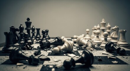 A dramatic chess game scene with shattered pieces scattered across the checkered board surface view