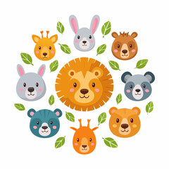 Naklejka premium Colorful cartoon animals arranged in a circular pattern surrounded by leaves.