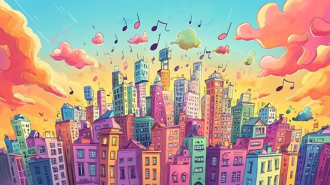 Colorful cityscape with musical notes illustration