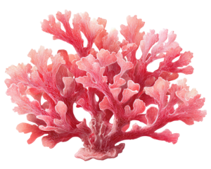 Close-up of a vibrant, pink seaweed, intricately branched.  Its delicate, feathery fronds are a soft, rosy hue