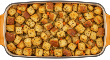 Savory bread stuffing isolated on white background with vegetables herbs baked and ready to serve