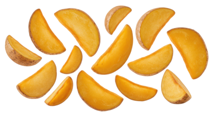 Freshly cut golden potato wedges arranged artistically isolated on white background