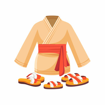 Traditional Japanese kimono with obi sash and zori sandals illustration.
