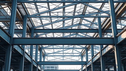 Fototapeta premium Abstract industrial steel beams create striking patterns in natural construction lighting.