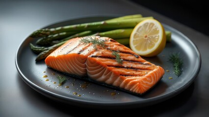 Perfectly Grilled Salmon Fillet with Asparagus and Lemon Slice on Dark Plate