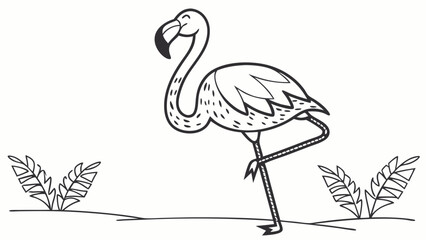 Fototapeta premium Flamingo line art illustration. Tropical bird standing on one leg. Black and white outline drawing for coloring page or graphic design element.