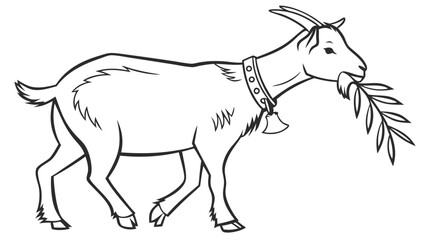 Obraz premium Line art illustration of a domestic goat wearing a bell collar and eating a leafy branch, black and white outline.