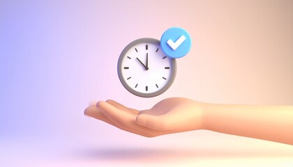 3D clock icon and check mark floating above a hand