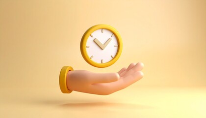 3D clock icon and check mark floating above a hand