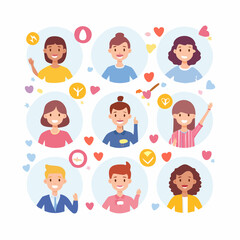 Diverse cartoon people icons with social media symbols and hearts.