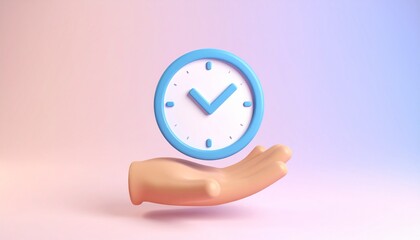 3D clock icon and check mark floating above a hand
