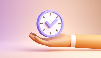 3D clock icon and check mark floating above a hand