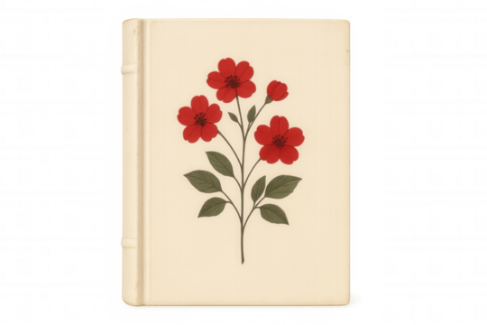 Red flower illustration on a book cover, isolated on transparent background, perfect for designs related to nature, literature, or education - Powered by Adobe